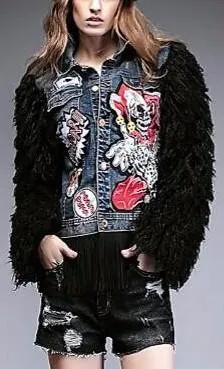 Appliques Embellished Denim Wool-Sleeved Fringe Jacket