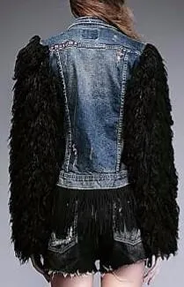 Appliques Embellished Denim Wool-Sleeved Fringe Jacket