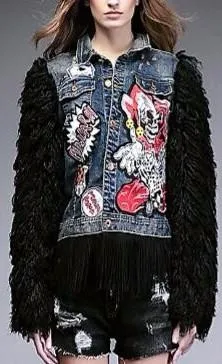 Appliques Embellished Denim Wool-Sleeved Fringe Jacket