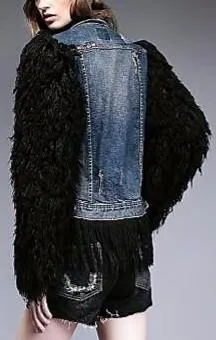 Appliques Embellished Denim Wool-Sleeved Fringe Jacket