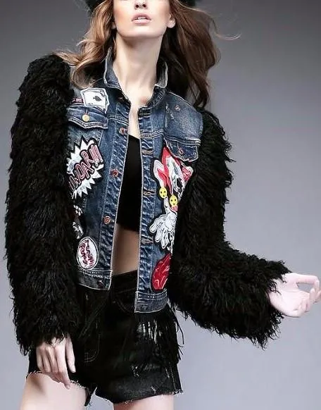 Appliques Embellished Denim Wool-Sleeved Fringe Jacket