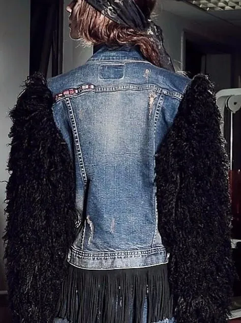 Appliques Embellished Denim Wool-Sleeved Fringe Jacket