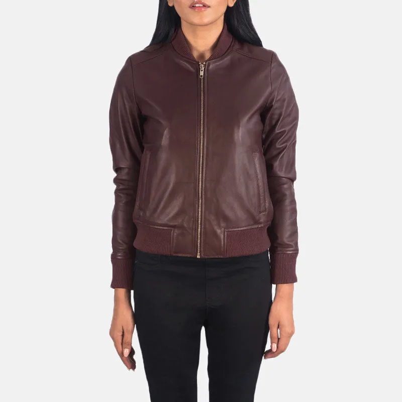 Bliss Maroon Leather Bomber Jacket