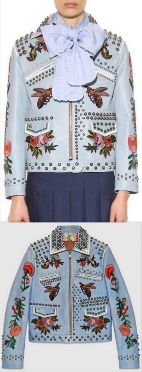 Blue Embroidered Studded Leather Jacket