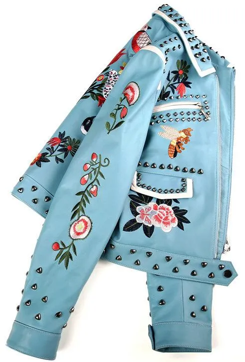 Blue Embroidered Studded Leather Jacket