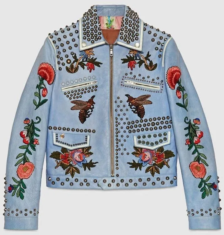 Blue Embroidered Studded Leather Jacket