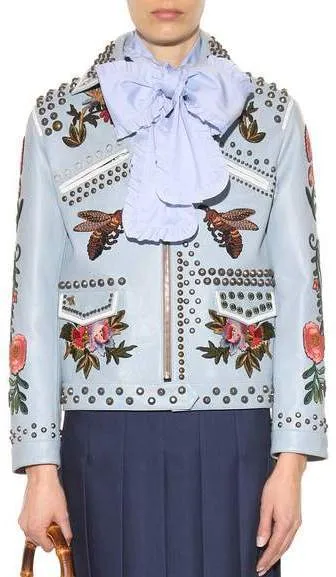 Blue Embroidered Studded Leather Jacket