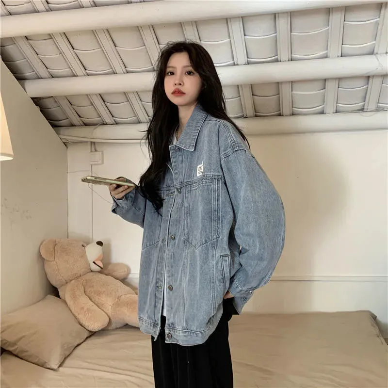 Denim Blue Turn-Down Collar Loose Oversize Coat Washed Jackets