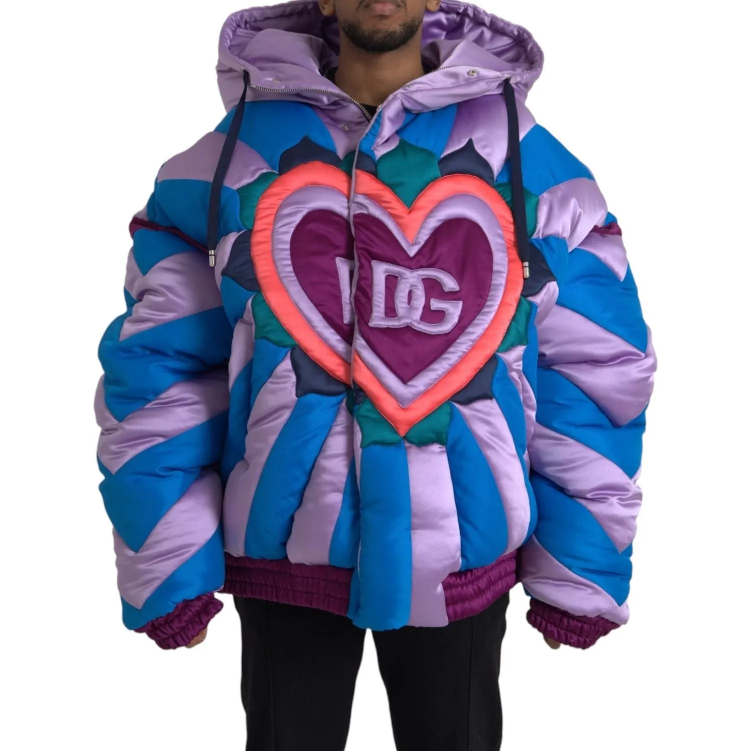 Dolce & Gabbana Multicolor Heart Logo Hooded Puffer Jacket