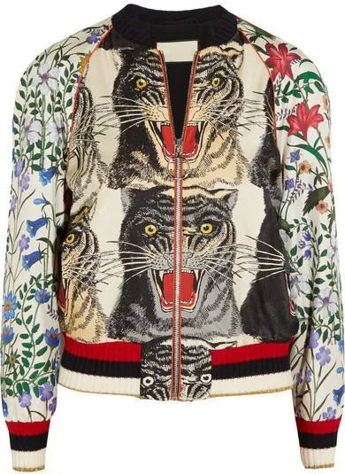 Embellished Tiger & Floral Print Bomber Jacket