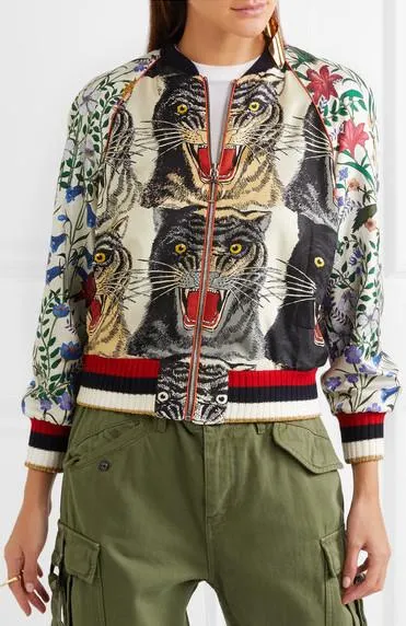 Embellished Tiger & Floral Print Bomber Jacket