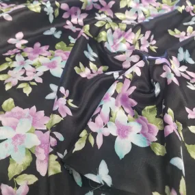 End of Bolt: 1-3/4th yards of Black Floral and Butterflies Satin Charmeuse Woven- Remnant (Copy)