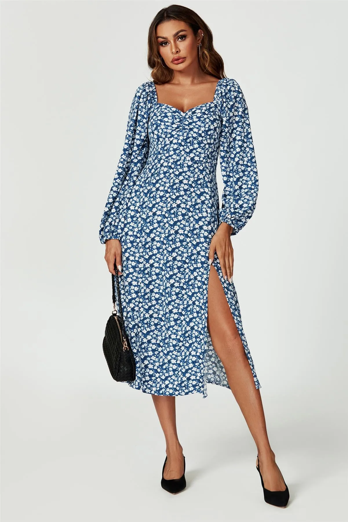 Floral Print Long Sleeve Heart Neckline Midi Dress In Blue