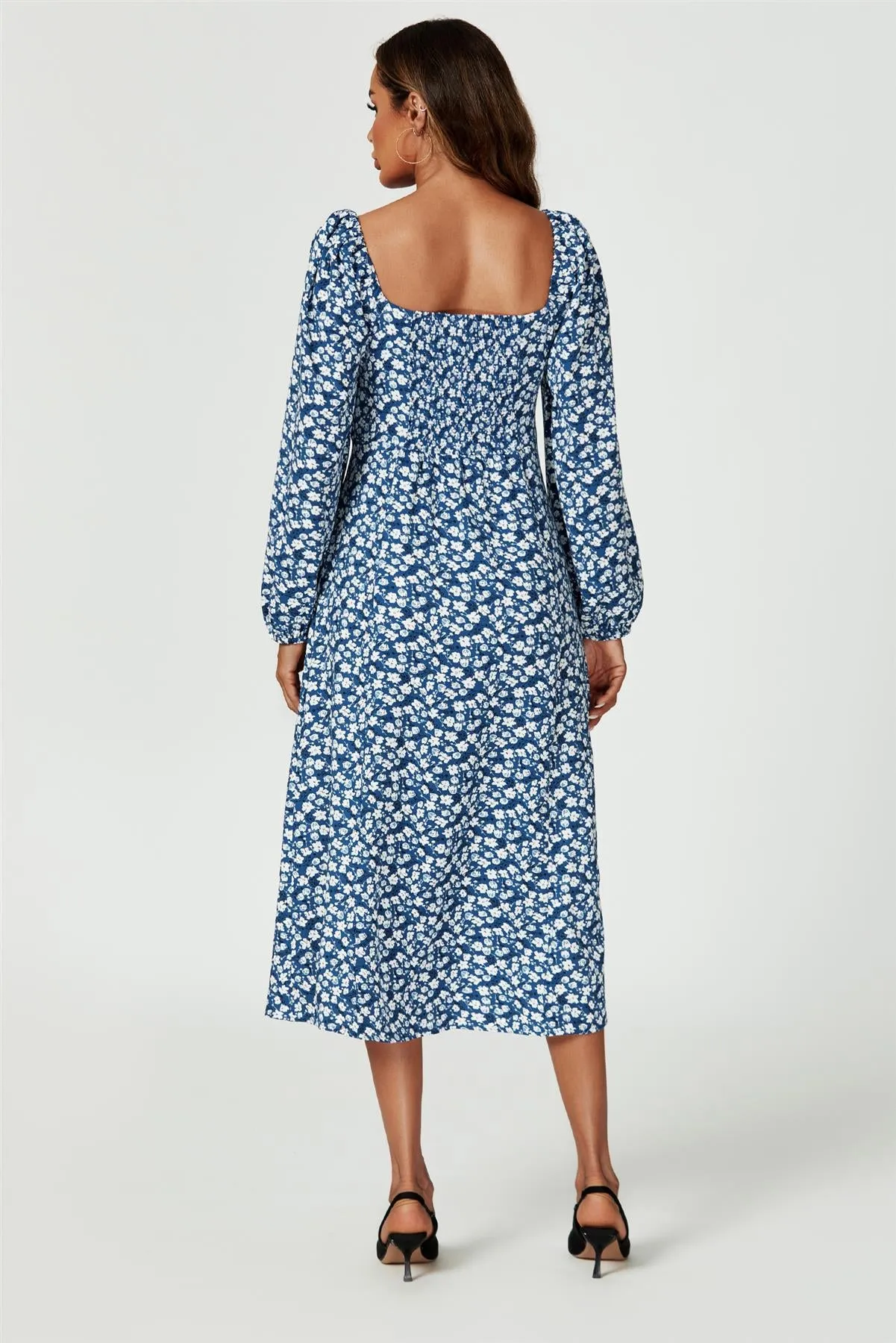 Floral Print Long Sleeve Heart Neckline Midi Dress In Blue