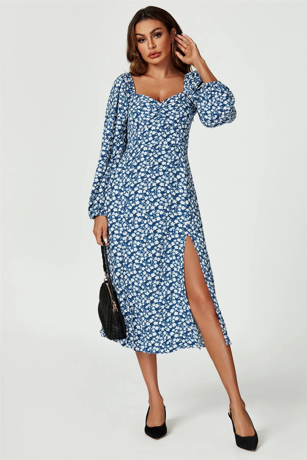 Floral Print Long Sleeve Heart Neckline Midi Dress In Blue