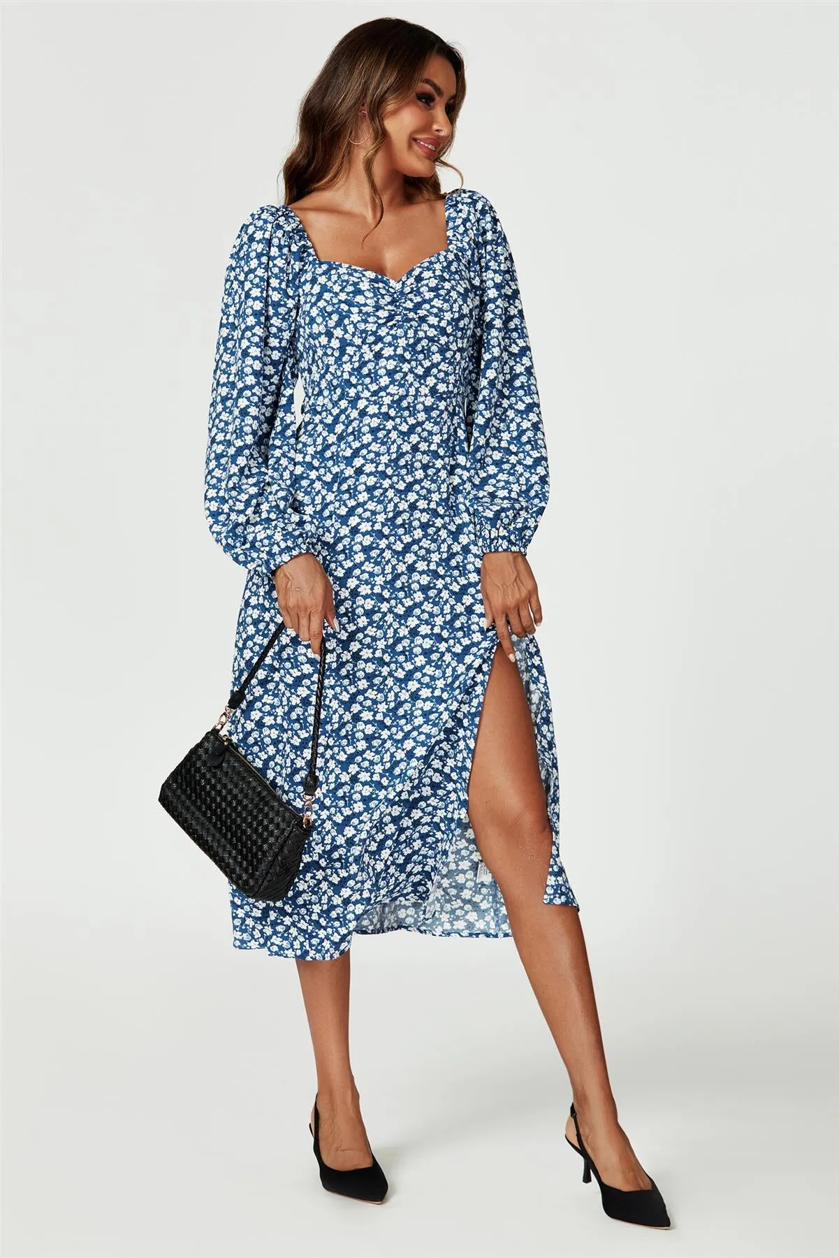 Floral Print Long Sleeve Heart Neckline Midi Dress In Blue