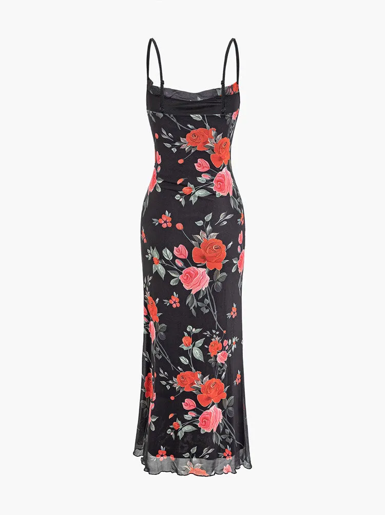 Floral Print Mesh Spaghetti Strap Maxi Dress