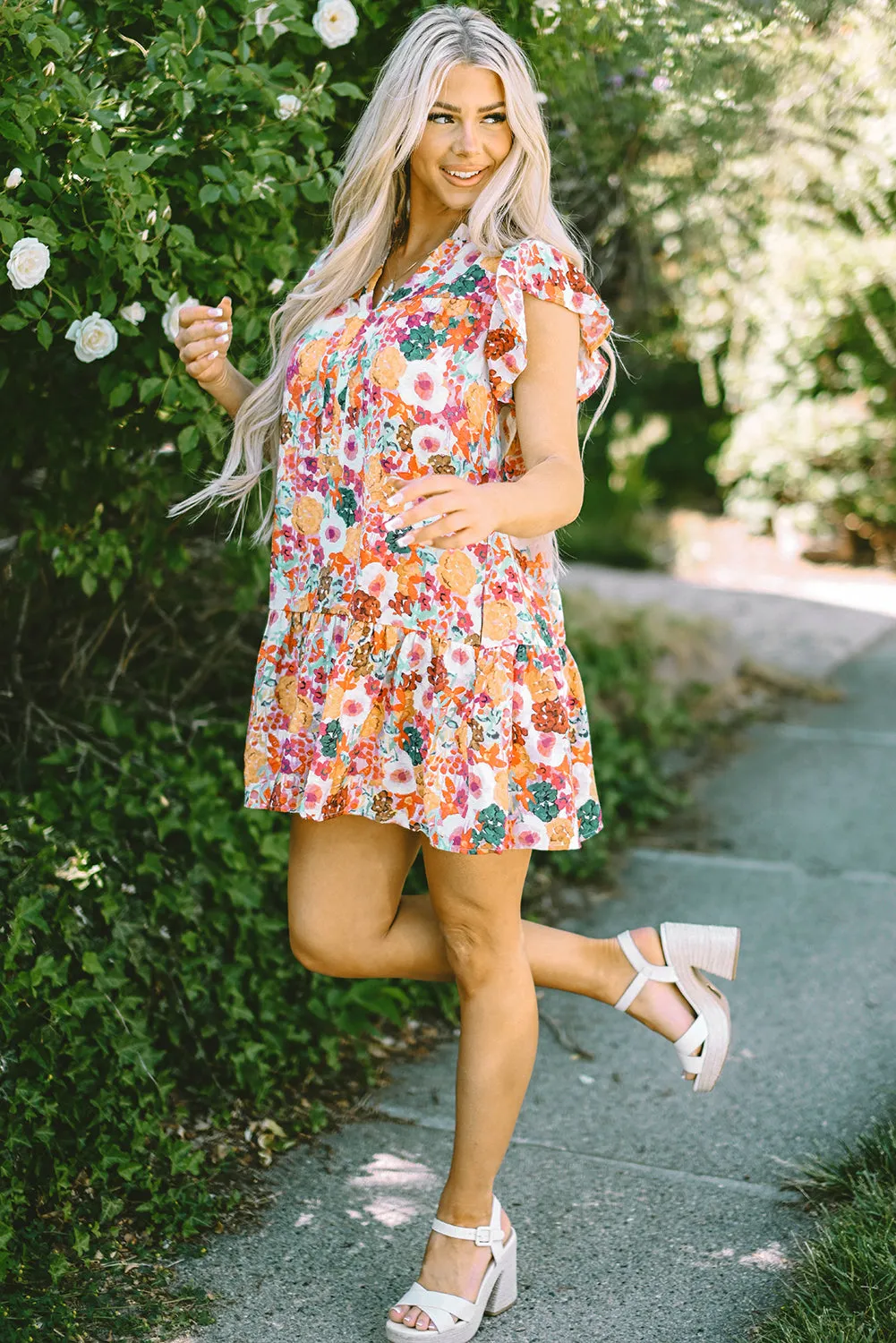 Floral Print Split Neck Flutter Dresses