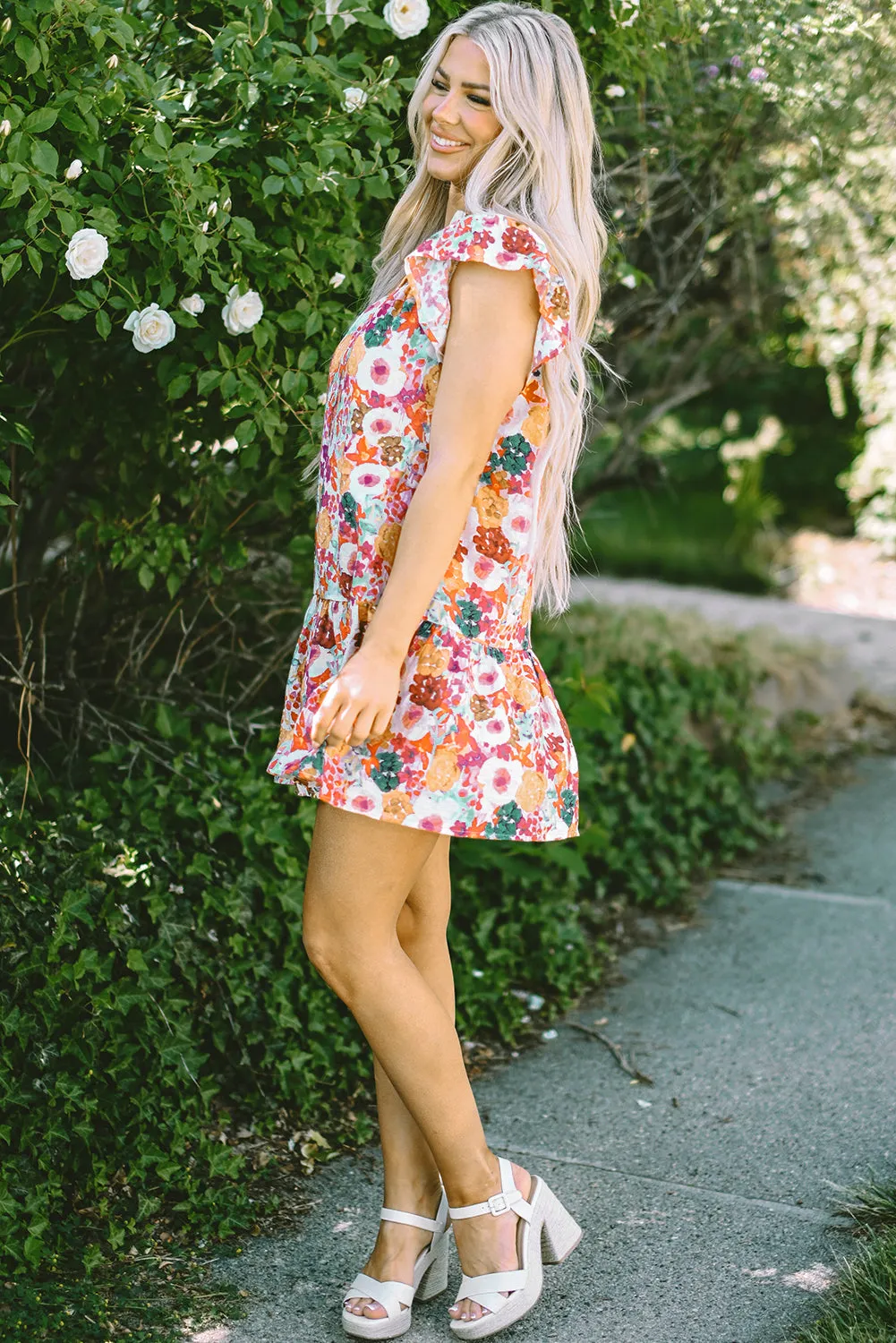 Floral Print Split Neck Flutter Dresses