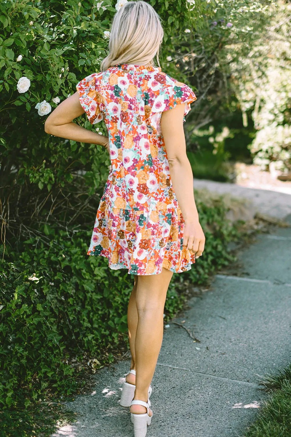 Floral Print Split Neck Flutter Dresses