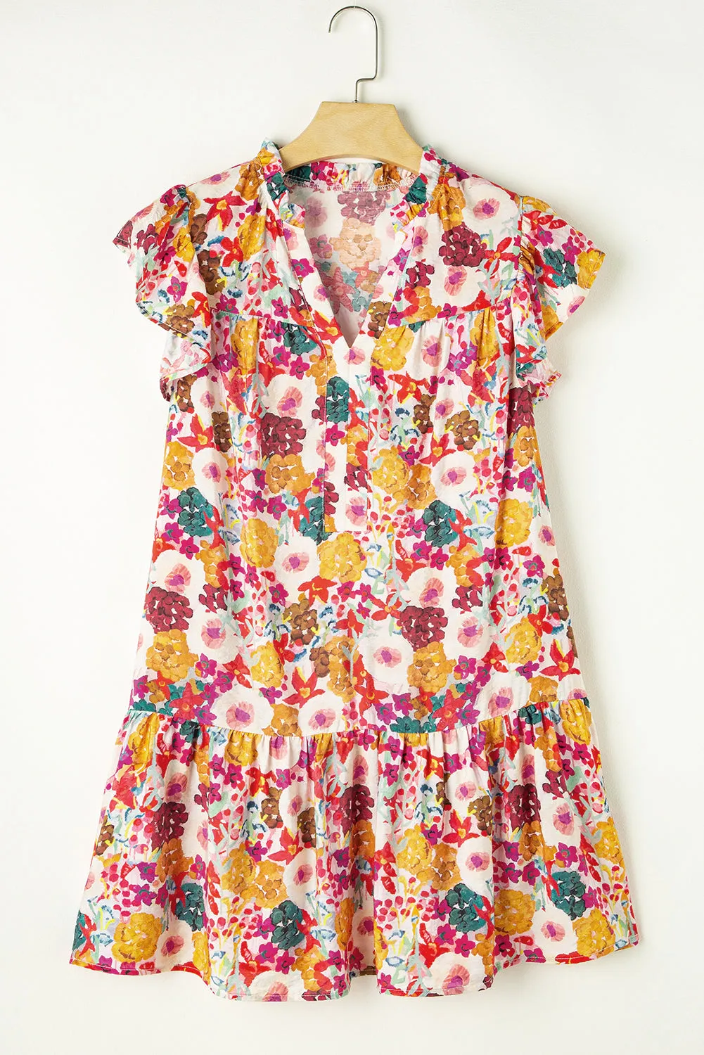 Floral Print Split Neck Flutter Dresses