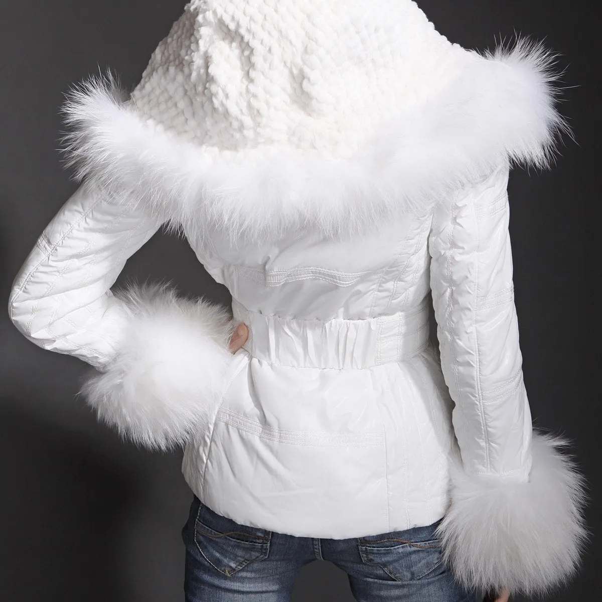 Fur-Trim Glossy Puffer Jacket, White