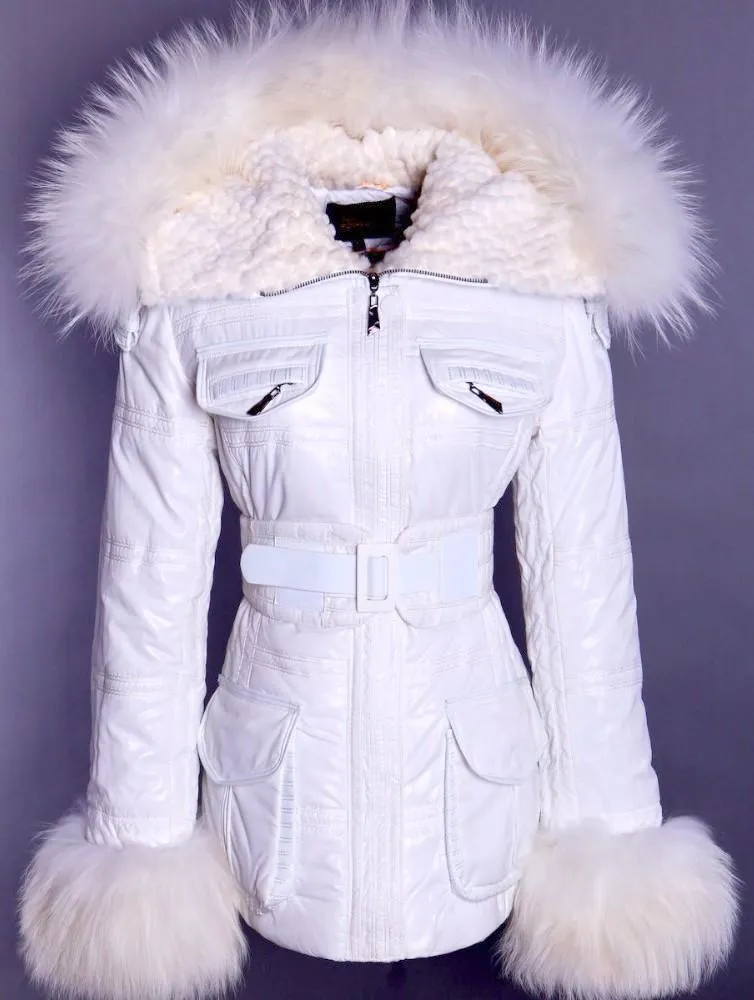 Fur-Trim Glossy Puffer Jacket, White