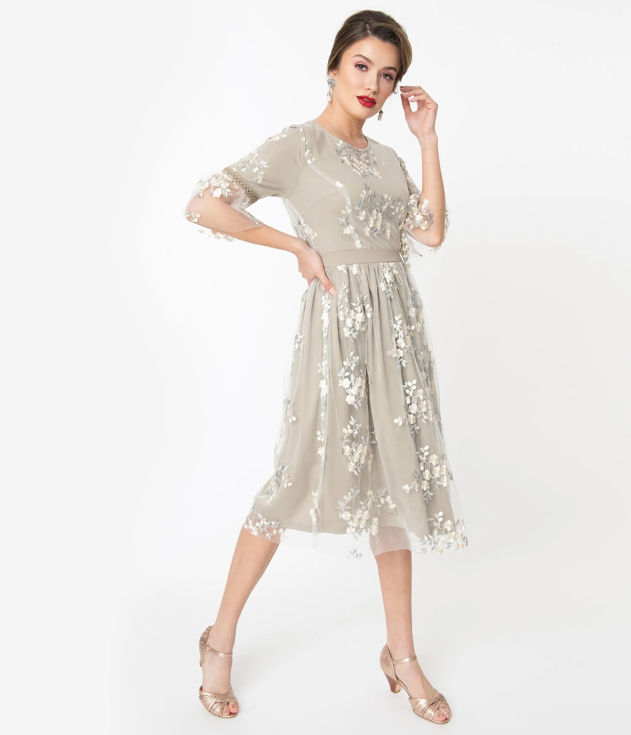 Grey Floral Embroidered Flute Sleeve Dress