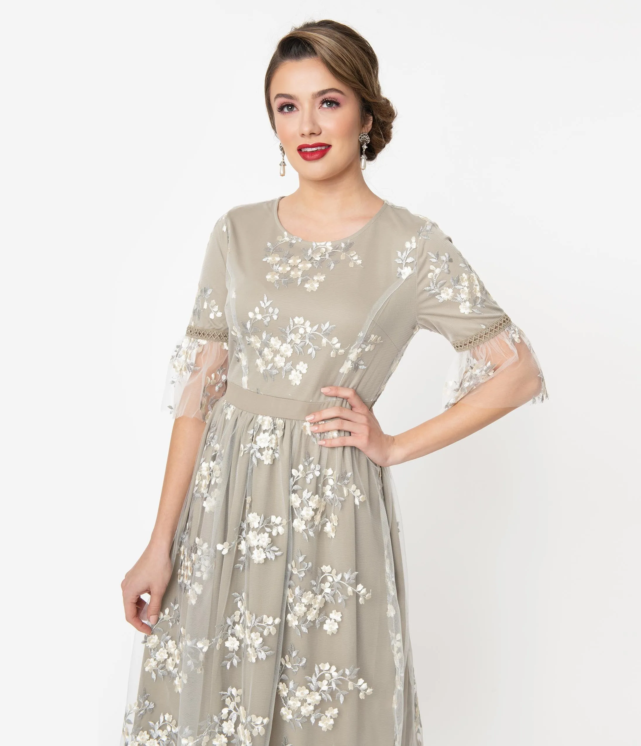 Grey Floral Embroidered Flute Sleeve Dress