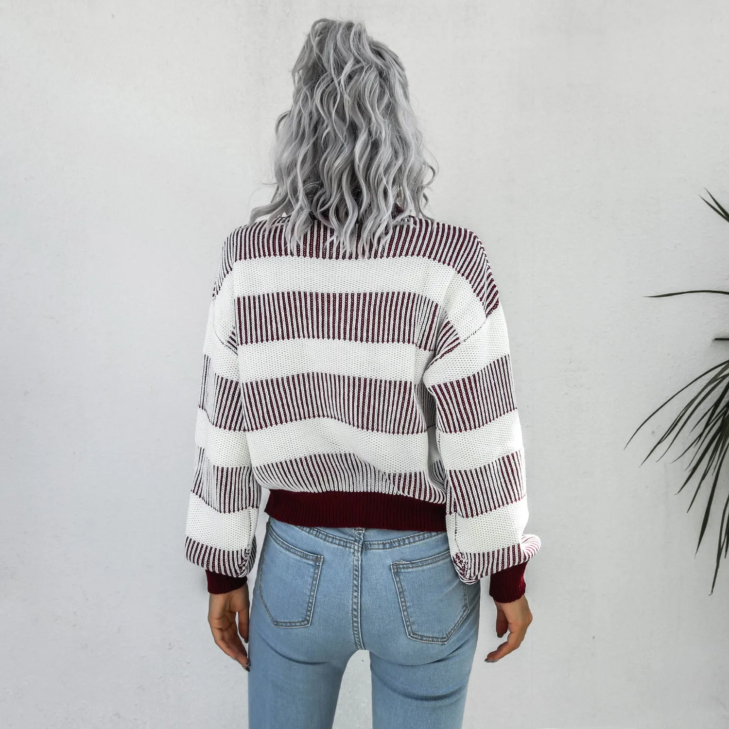 High Neck Lantern Sleeve Striped Sweaters Women