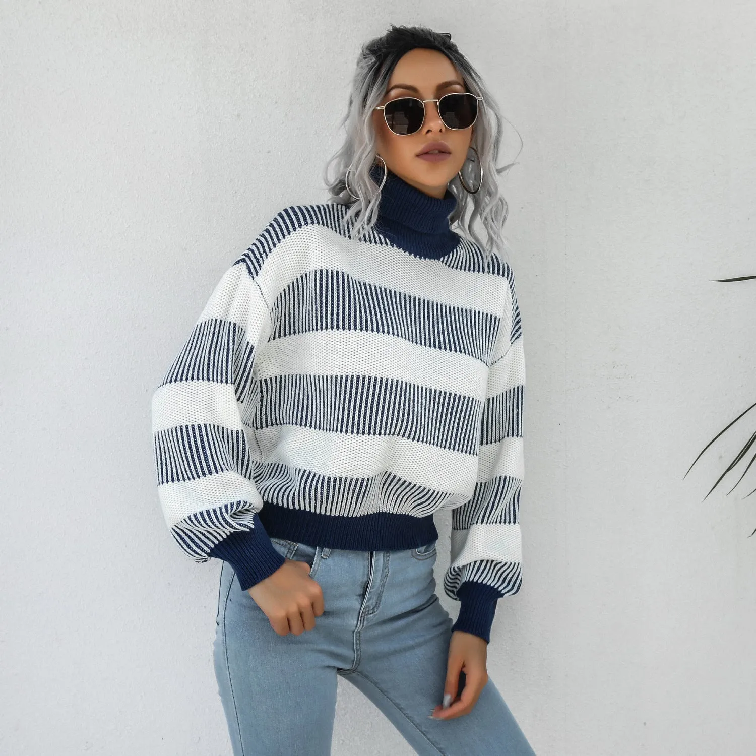 High Neck Lantern Sleeve Striped Sweaters Women