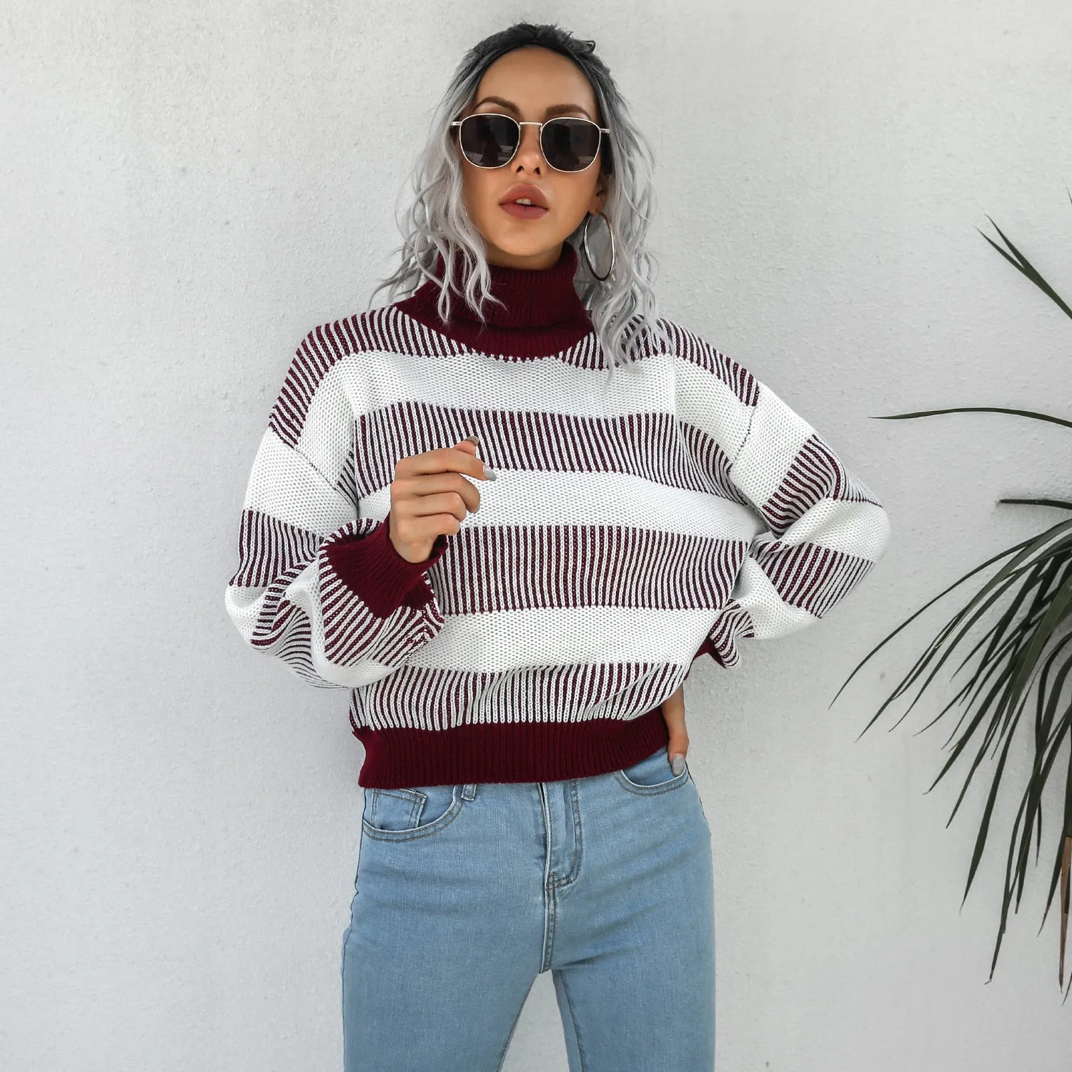 High Neck Lantern Sleeve Striped Sweaters Women