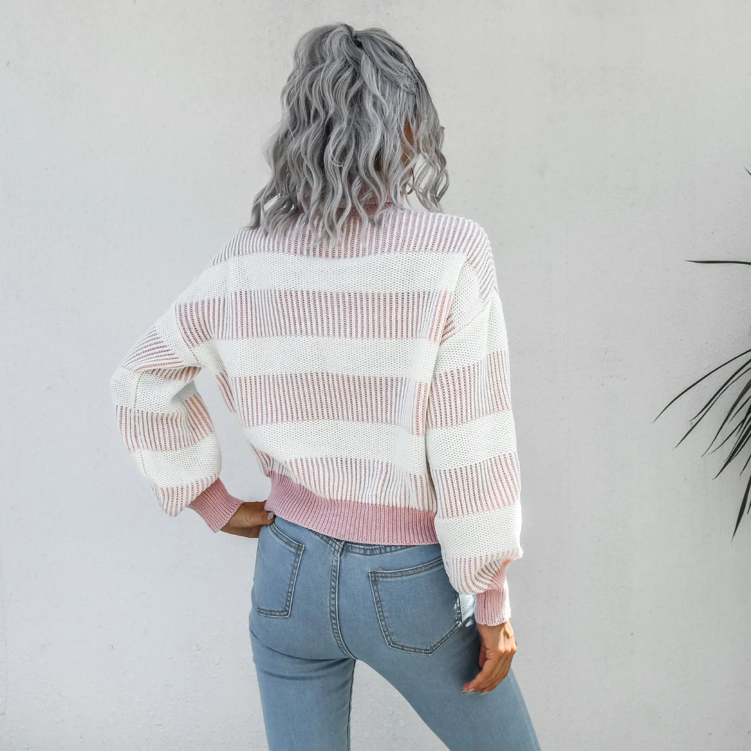 High Neck Lantern Sleeve Striped Sweaters Women