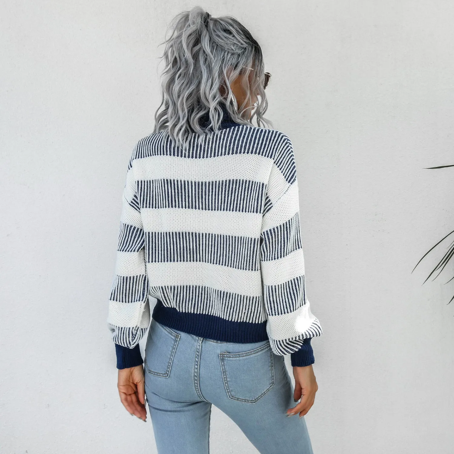 High Neck Lantern Sleeve Striped Sweaters Women