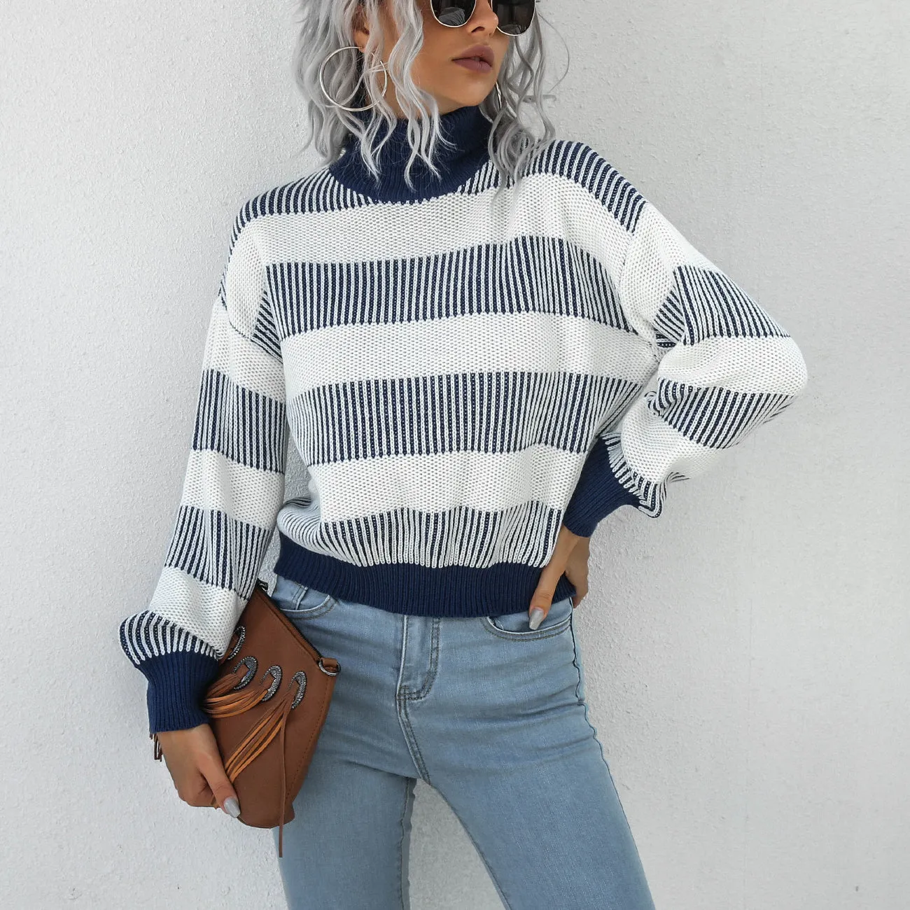 High Neck Lantern Sleeve Striped Sweaters Women