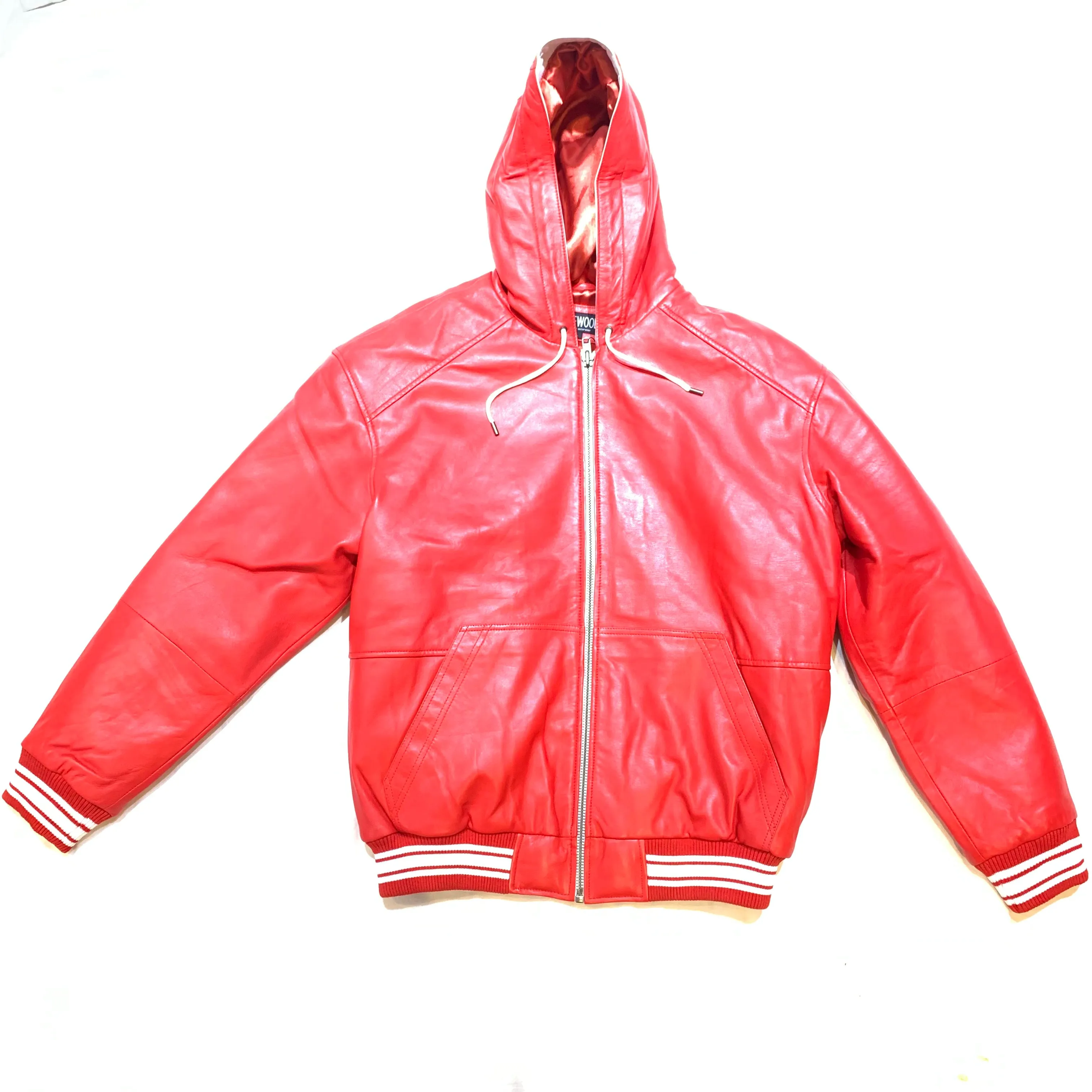 Jakewood Red Lambskin Hooded Bomber Jacket