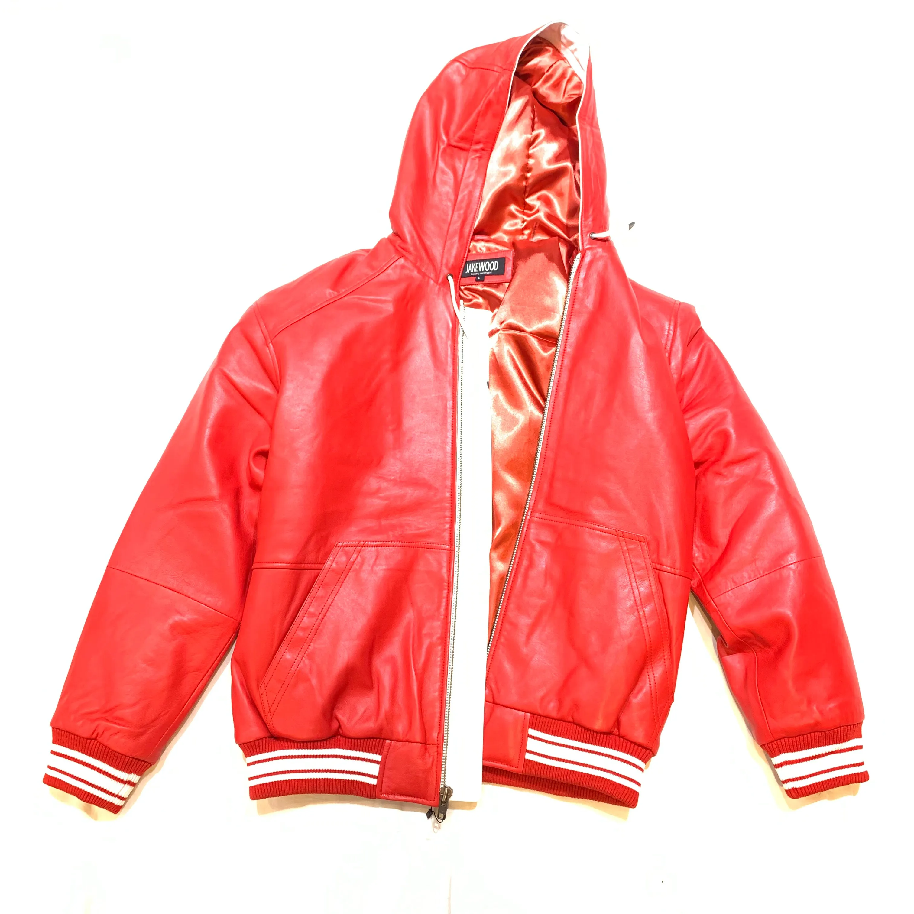 Jakewood Red Lambskin Hooded Bomber Jacket