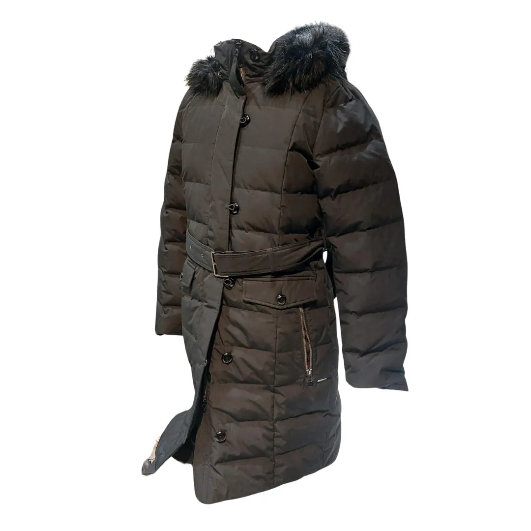 Land End Faux Fur Hood Belted Down Puffer Winter Coat