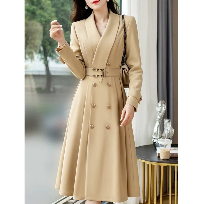 LANFUBEISI Spring Autumn New Women Windbreaker Coat Mid-length Fashion Overcoat Double Breasted Slim Belt Trench Coat Feminino