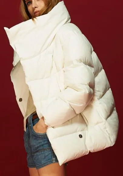 Large Collar Paneled Puffer Down Jacket in White