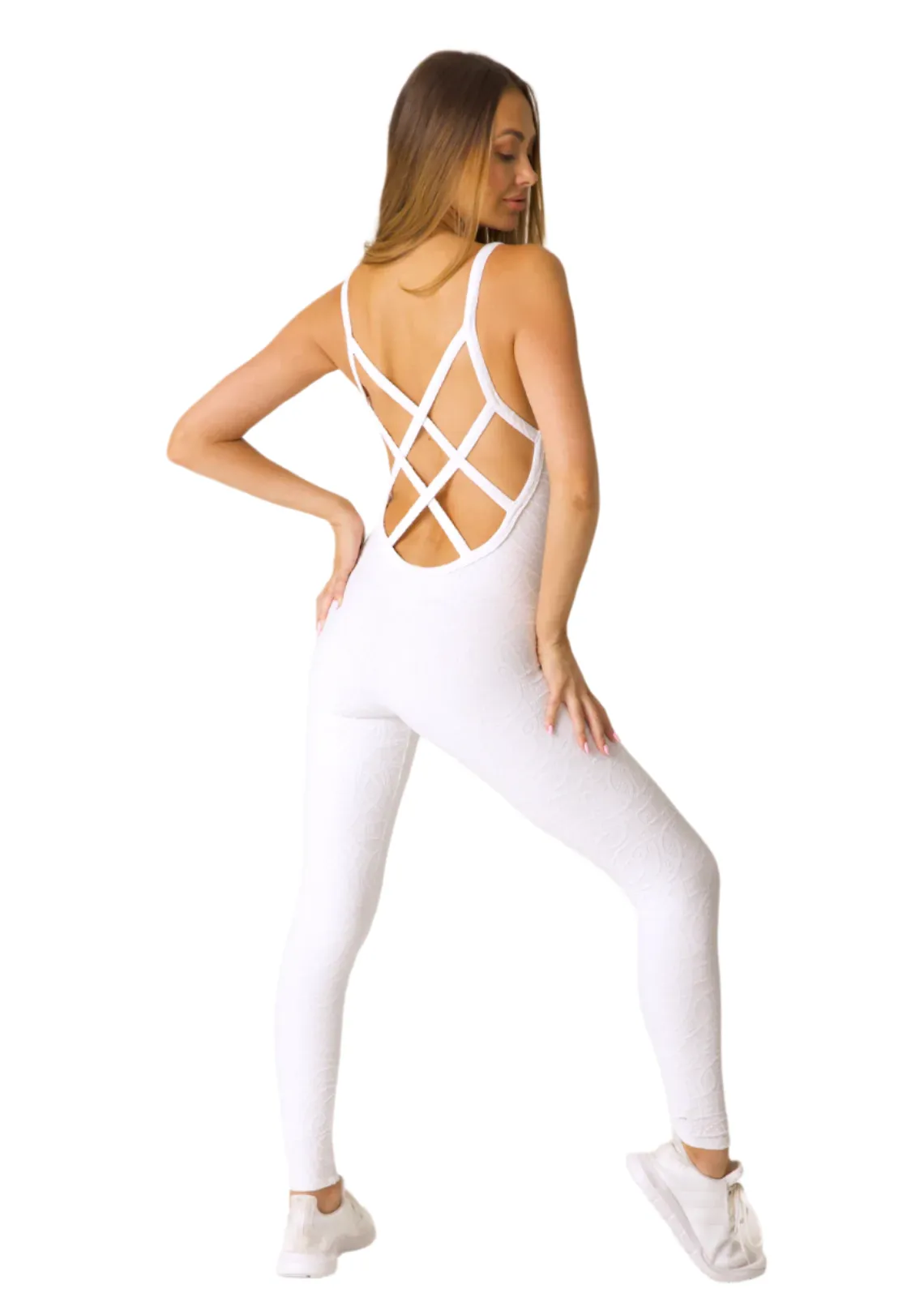 Laura Jumpsuit | Deep V With Criss Cross Jacquard White