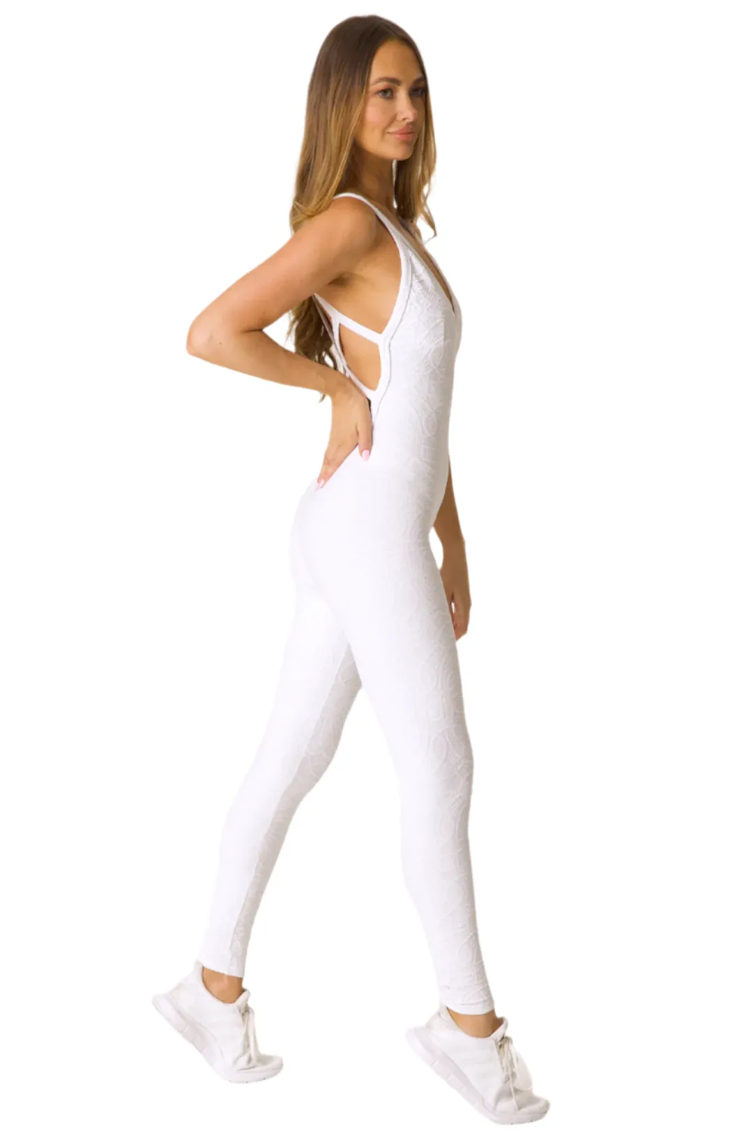 Laura Jumpsuit | Deep V With Criss Cross Jacquard White