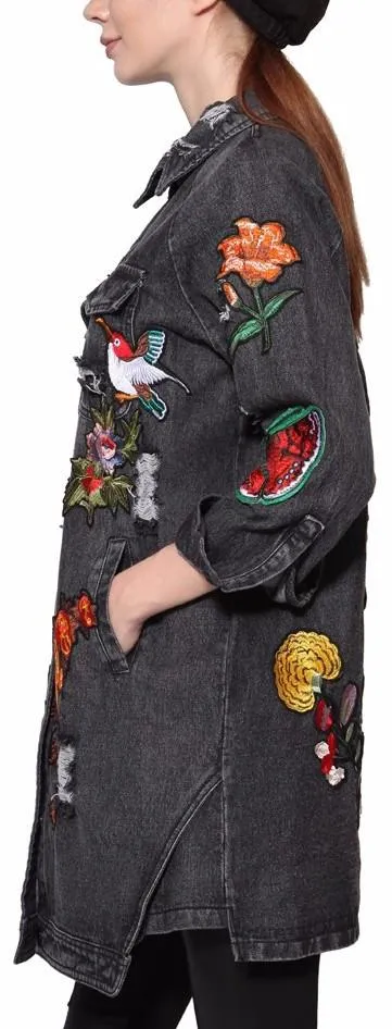 'L'aveugle Par Amour' Applique Floral Embellished Sequin Long Distressed Denim Jacket