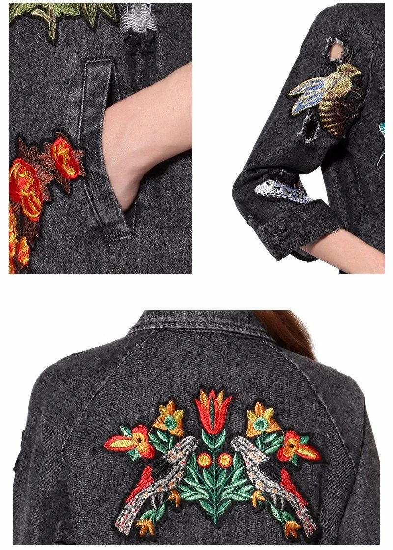 'L'aveugle Par Amour' Applique Floral Embellished Sequin Long Distressed Denim Jacket