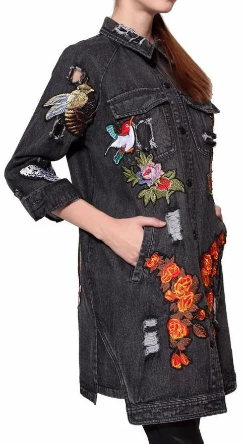 'L'aveugle Par Amour' Applique Floral Embellished Sequin Long Distressed Denim Jacket