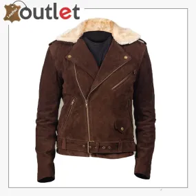 Men Brown Suede Shearling Jacket