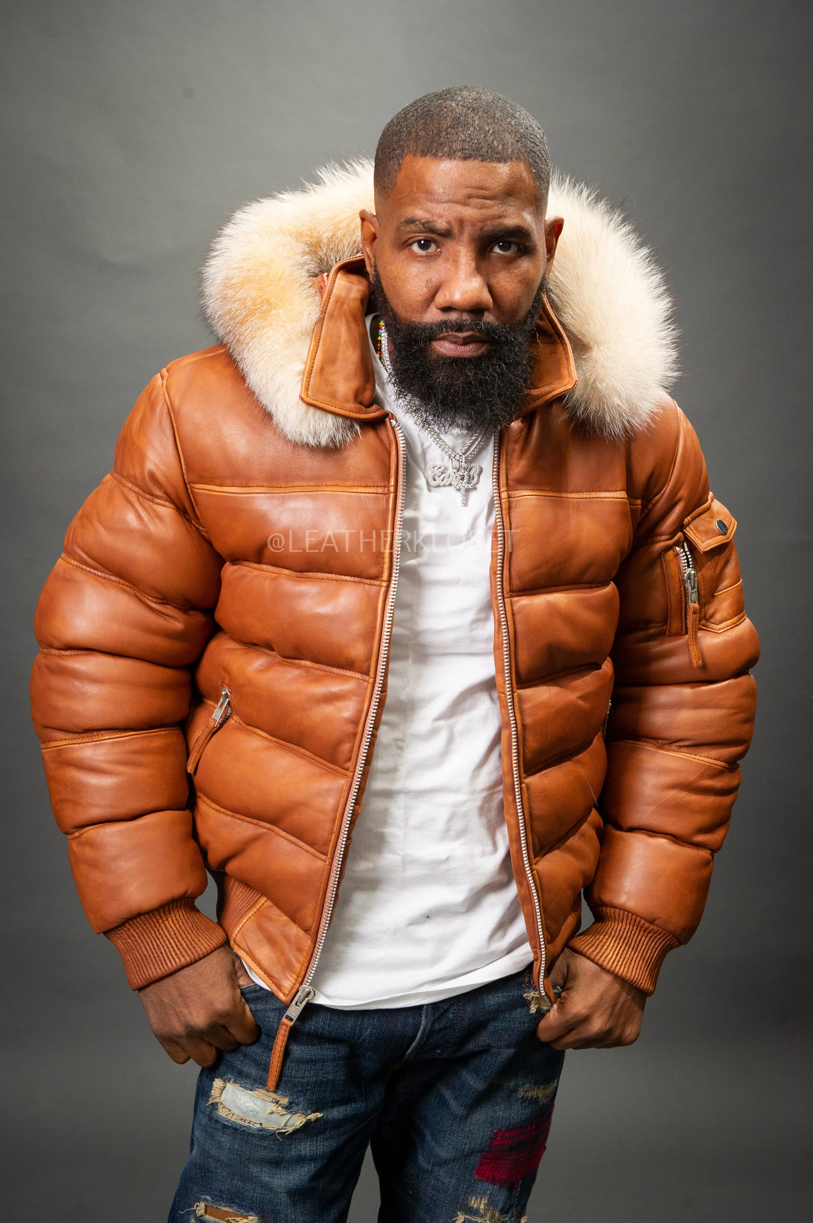 Men’s Aspen Leather Bubble Bomber Jacket [Caramel Crunch]