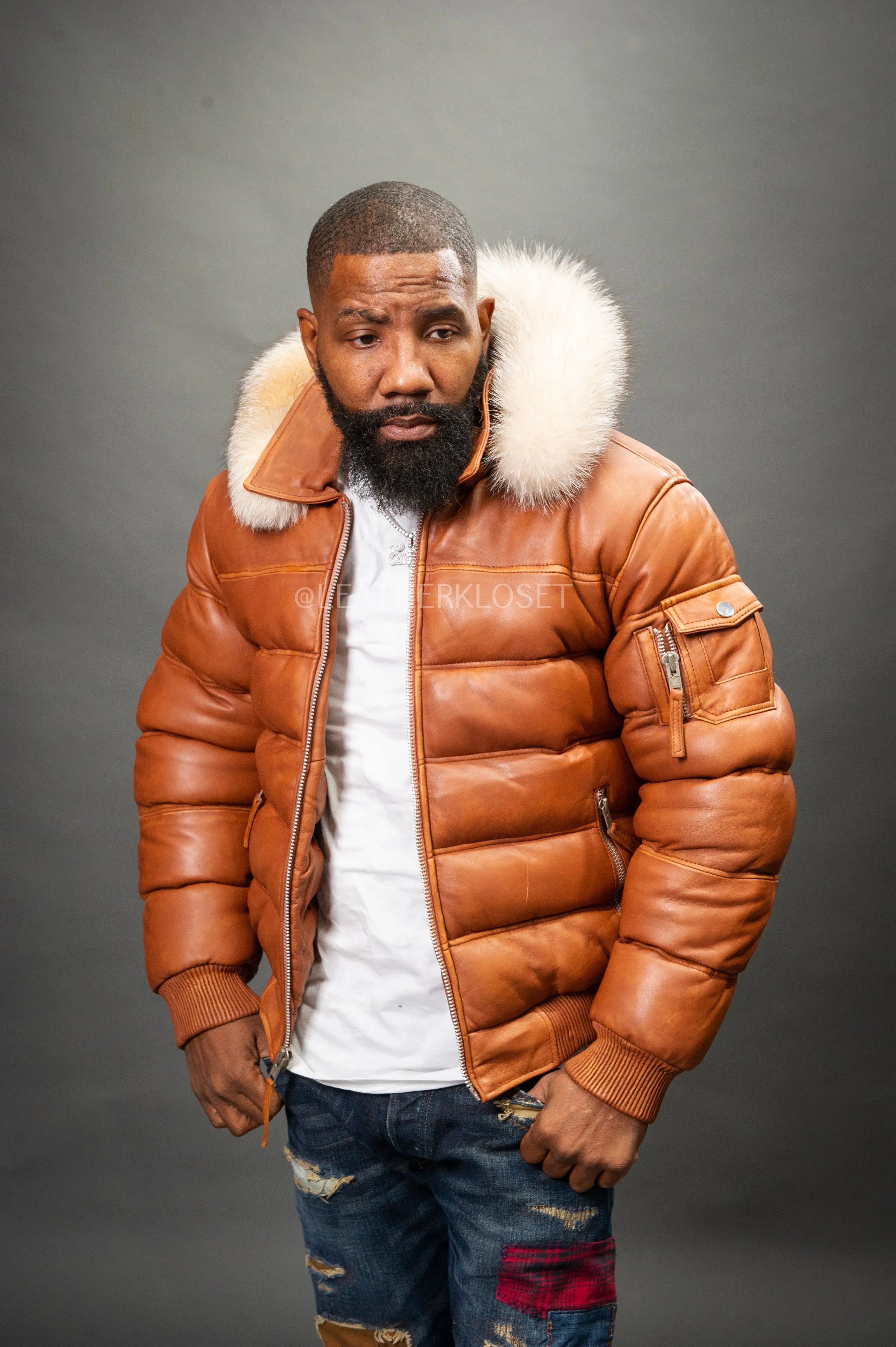 Men’s Aspen Leather Bubble Bomber Jacket [Caramel Crunch]