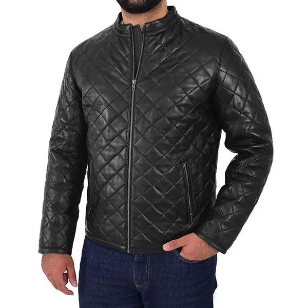 Mens Black Quilted Leather Puffer Jacket