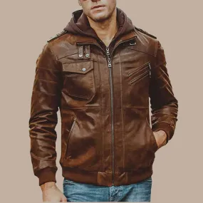 Men’s Brown Motorcycle Bomber Leather Jacket with Removable Hood